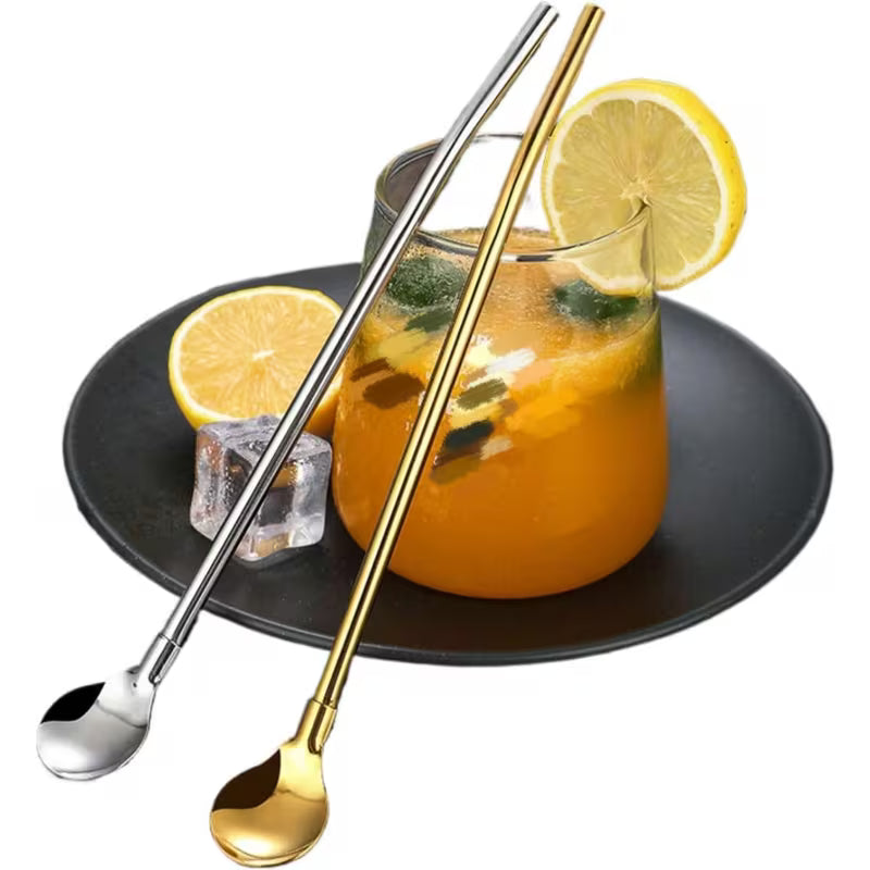 6 Pcs Stainless Steel Reusable Straws With Spoon + 1 Cleaning Brush
