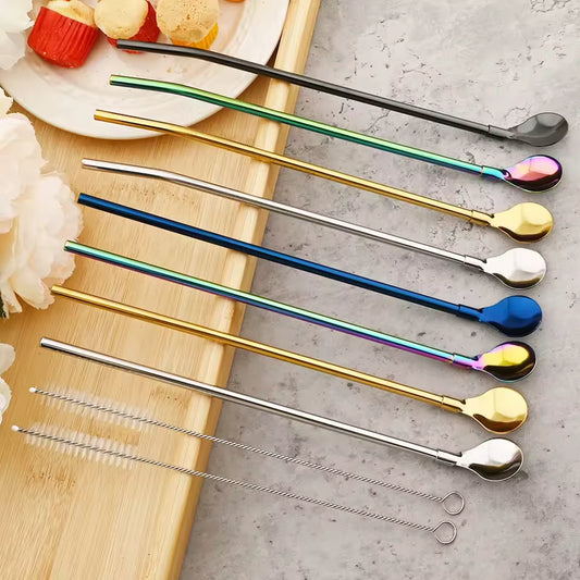 6 Pcs Stainless Steel Reusable Straws With Spoon + 1 Cleaning Brush
