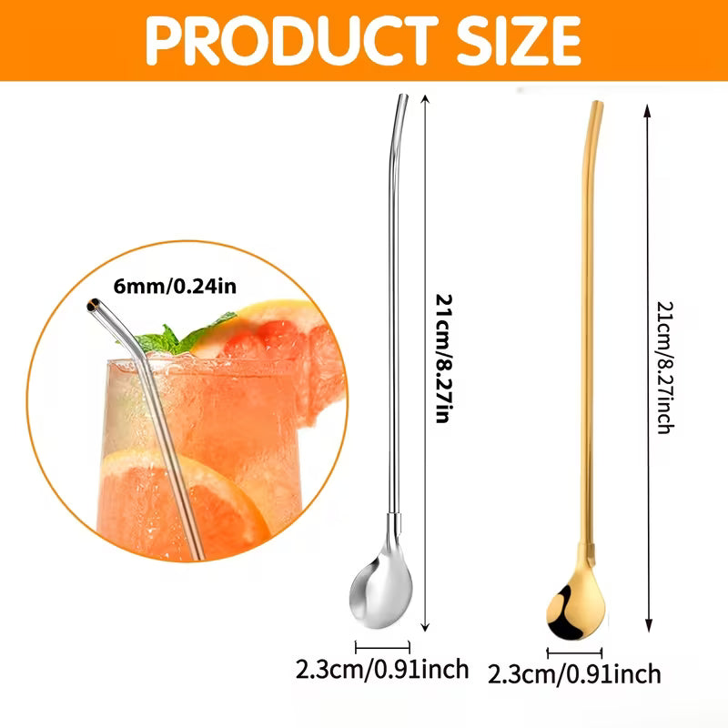 6 Pcs Stainless Steel Reusable Straws With Spoon + 1 Cleaning Brush