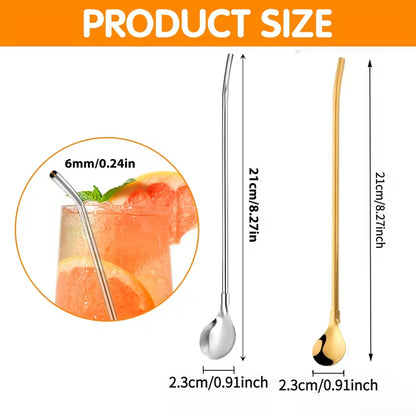 6 Pcs Stainless Steel Reusable Straws With Spoon + 1 Cleaning Brush