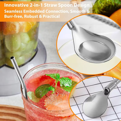 6 Pcs Stainless Steel Reusable Straws With Spoon + 1 Cleaning Brush